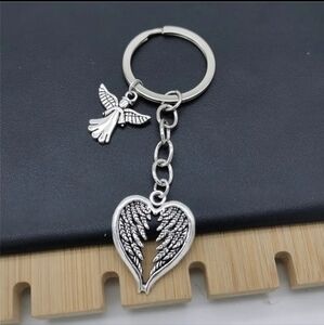 Guardian Angel Keychain with Silver Heart Shaped‎ Angel Wings Purse Charm
